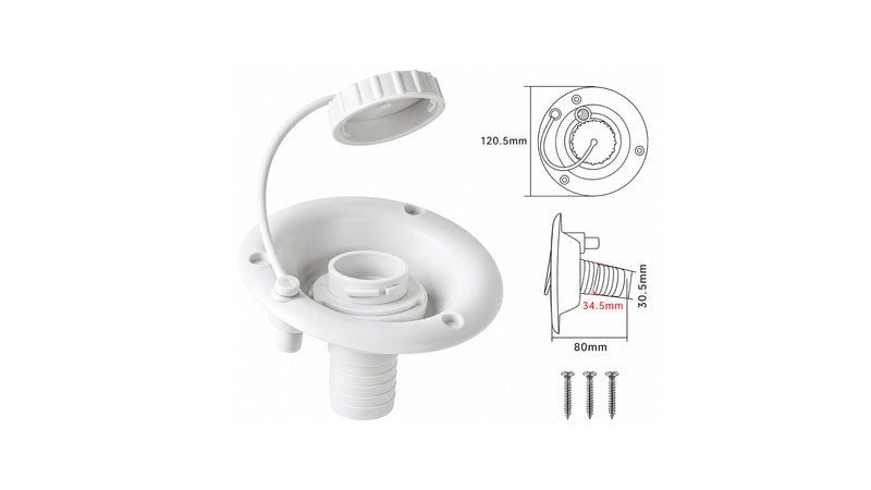 PP Gravity Water Fill Inlet for RV, Campervan & Trailer Fresh Water Tanks — company-source dimension drawing; match the depicted configuration