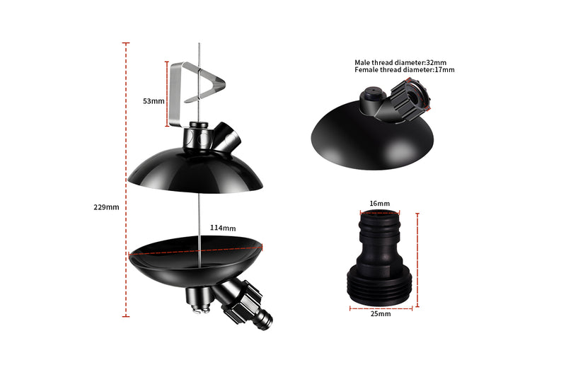 Original flusher diagram showing 229 mm assembly length, 114 mm cup width, 53 mm grip height and adapter references.
