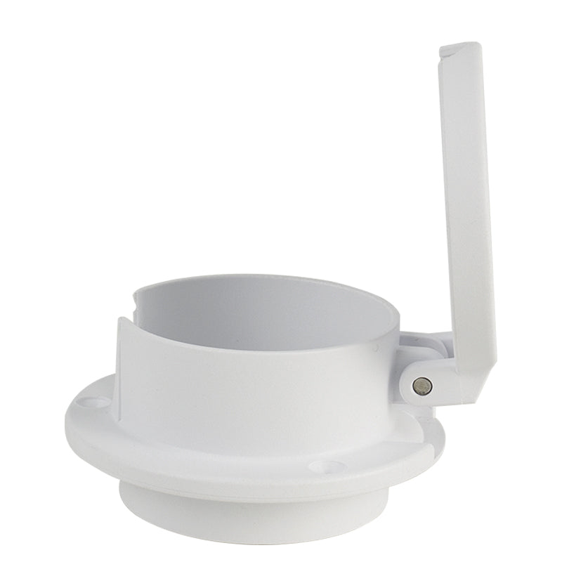 Side view of the white deck pipe with the cover raised.