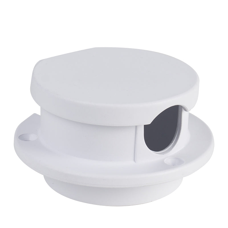White rope deck pipe with its flip-top cover closed.