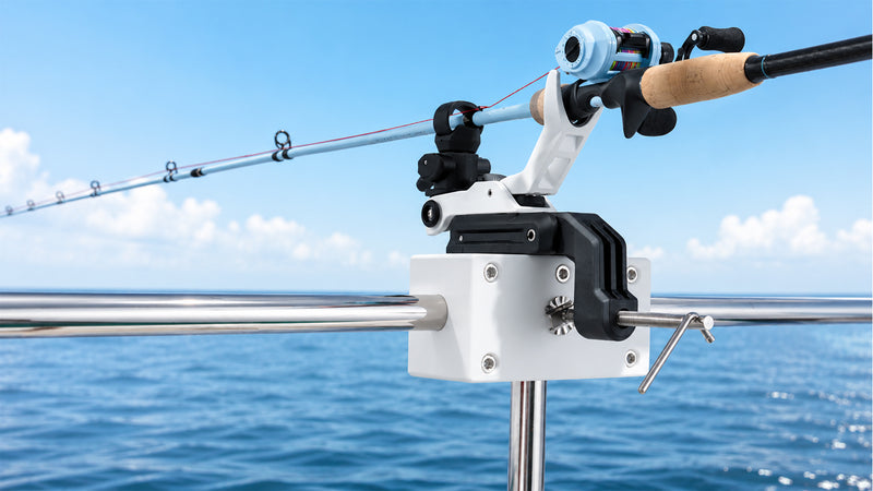 Boat Rail Fishing Rod Holder Clamp - Round, T-Bar & Cross-Rail Mount Options — company-source example of use; other pictured objects are not included