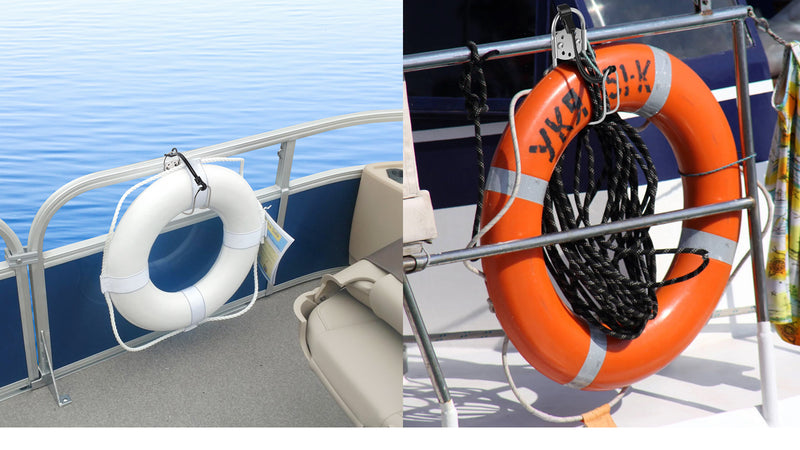 316 Stainless Steel Boat Life Ring Holder - Adjustable Rail-Mount Buoy Bracket — company-source example of use; other pictured objects are not included