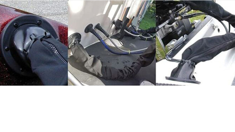 Open-Top Vinyl Motor Well Cable Boot - Outboard Engine Wire Routing Cover — company-source example of use; other pictured objects are not included