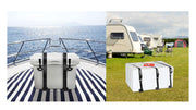 Supplier tank-strap application illustration with a boat and camper context.