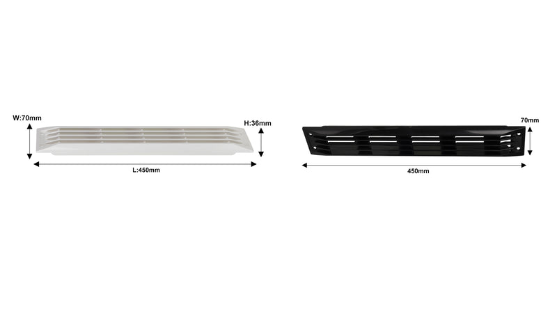 Rectangular ABS Louvered Vent Grille for RV & Boat Cabin Air Circulation — company-source dimension drawing; match the depicted configuration