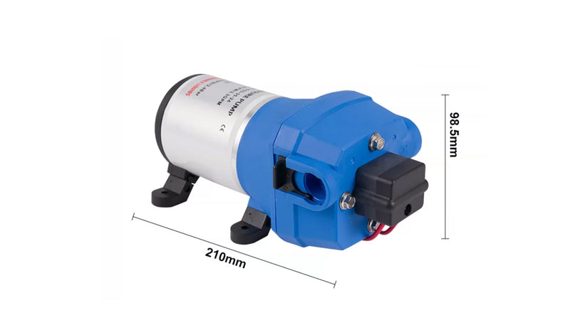 Original quick-connect pump dimension photograph showing 210 mm length and 98.5 mm height.