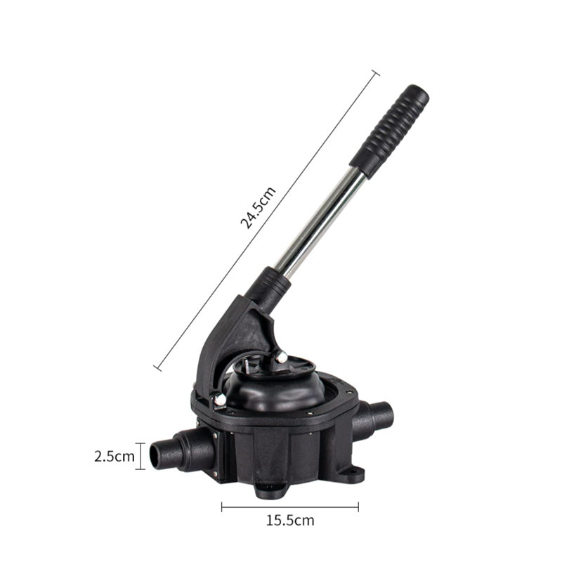 Original hand-pump dimension photograph showing a 245 mm lever reference, 155 mm body width and 25 mm connection reference.