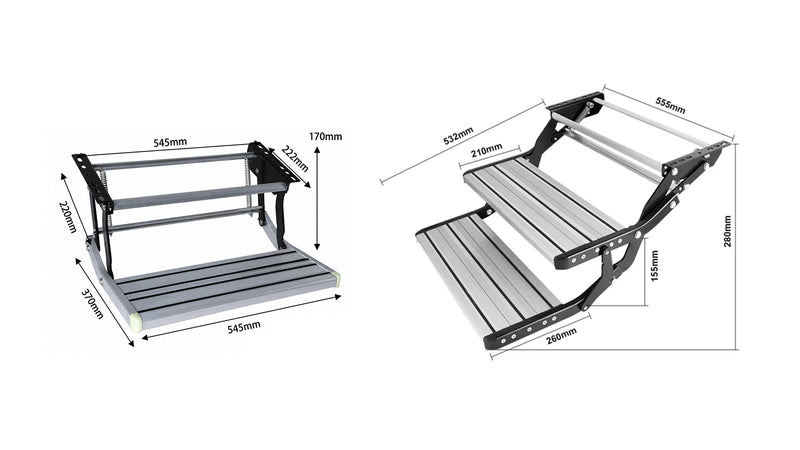 RV Retractable Entry Step - Aluminum Single/Double, Manual/Electric Options — company-source dimension drawing; match the depicted configuration