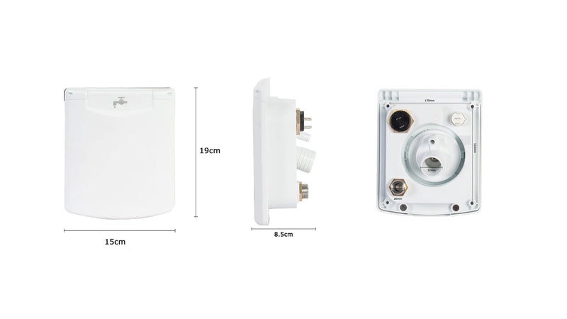 Lockable RV Fresh Water Fill Inlet with Magnetic Lid & Integrated Tank Vent — company-source dimension drawing; match the depicted configuration