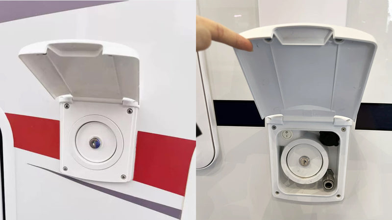 RV Gravity Fresh Water Fill Inlet with Magnetic Lid & Tank Vent — company-source example of use; other pictured objects are not included