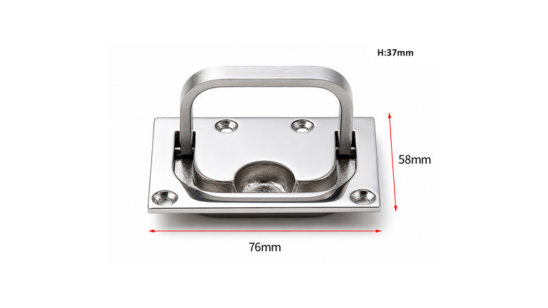 Hatch pull dimension reference showing a 76 by 58 mm base and 37 mm raised-height annotation.