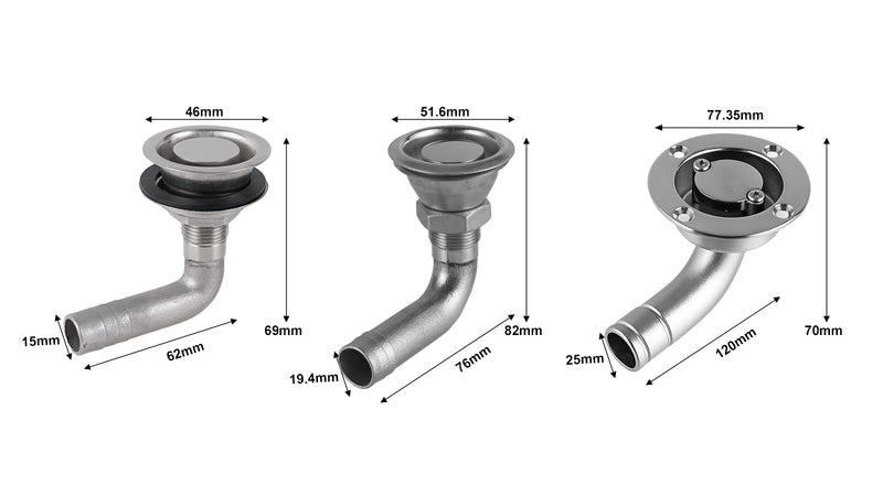 90 Degree Marine Fuel Tank Vent with Flange - Boat Elbow Fitting Options — company-source dimension drawing; match the depicted configuration