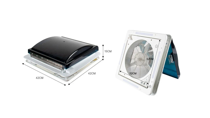 RV Roof Vent Fan with LED - 340 mm Cutout, 12V/24V, 6-Speed Airflow — company-source dimension drawing; match the depicted configuration