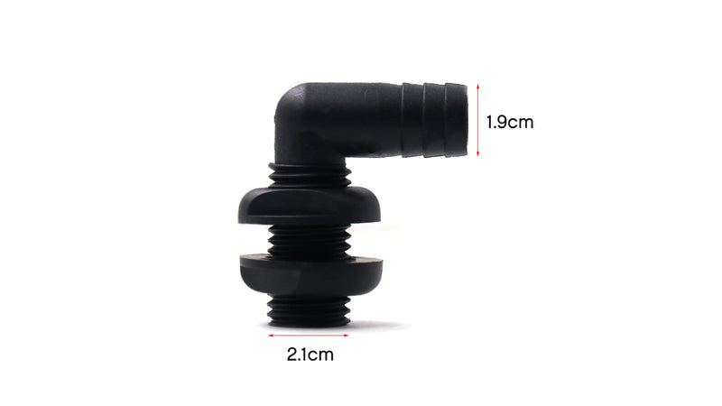 90 Degree Nylon Thru-Hull Drain Fitting for Marine Bilge Pump Discharge — company-source dimension drawing; match the depicted configuration