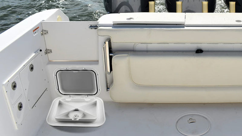 Flush-Mount Storage Box for Boats & RVs - 270 Degree Lid, Size & Color Options — company-source example of use; other pictured objects are not included