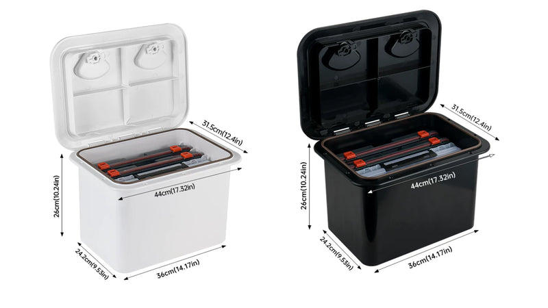 Flush-Mount Storage Box for Boats & RVs - 270 Degree Lid, Size & Color Options — company-source dimension drawing; match the depicted configuration