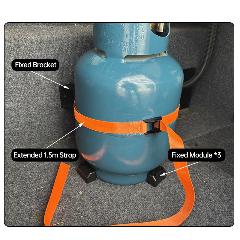 Supplier photograph showing the orange 1.5 m strap, wall bracket and three base feet beside a supported cylinder.