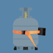 Illustration of an orange cylinder strap with wall bracket and base feet.