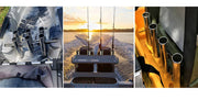Source-supplied examples of upright rod storage on boats; rods and other boat equipment are shown for context