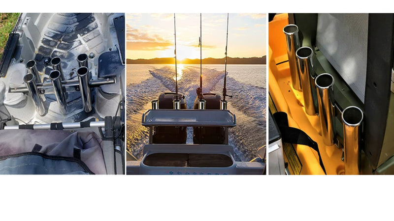 Source-supplied examples of upright rod storage on boats; rods and other boat equipment are shown for context