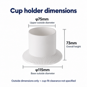 Company-source outside dimensions:115 mm base diameter,75 mm upper-rim outside diameter,73 mm overall height; not a cup-fit diameter