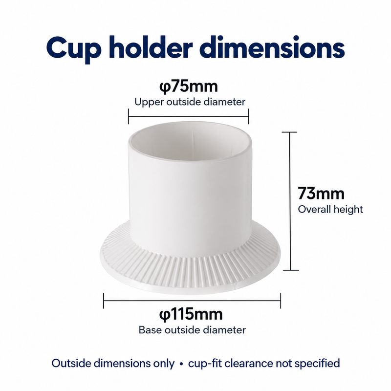 Company-source outside dimensions:115 mm base diameter,75 mm upper-rim outside diameter,73 mm overall height; not a cup-fit diameter
