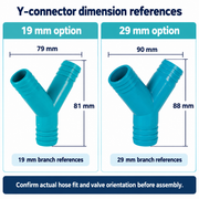 Y-connector dimension references: 19 mm option 79 × 81 mm; 29 mm option 90 × 88 mm. Edited original supplier photographs; confirm actual hose fit and valve orientation.