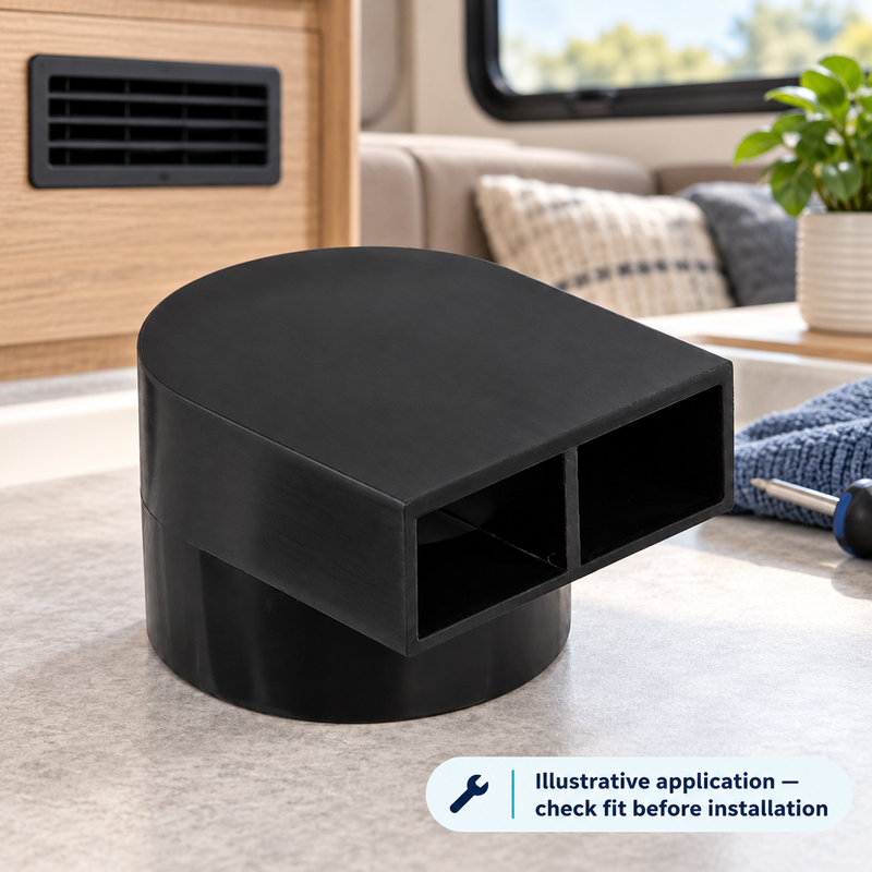 RV Warm-Air Vent Deflector - 55 mm Outlet, 180 Degree Airflow Adjustment — illustrative use context