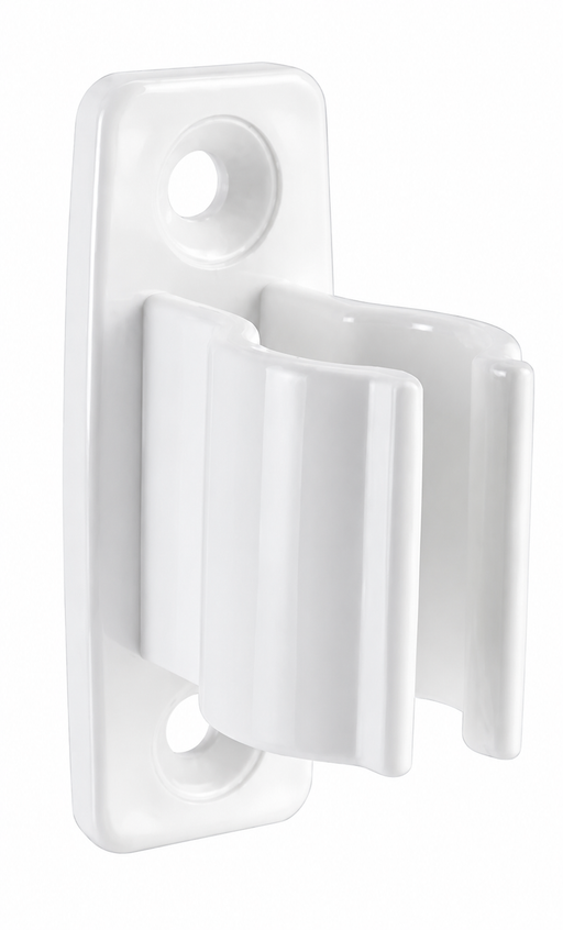White ABS crank-handle storage clip with two mounting openings and an open retaining channel