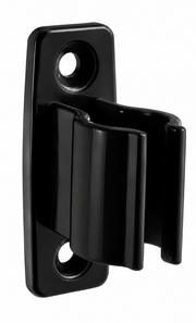 Black ABS crank-handle storage clip with two mounting openings and an open retaining channel