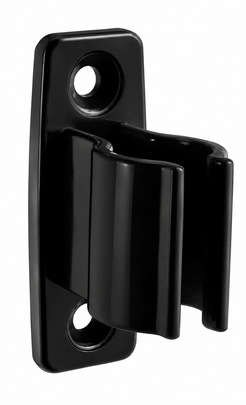 Black ABS crank-handle storage clip with two mounting openings and an open retaining channel