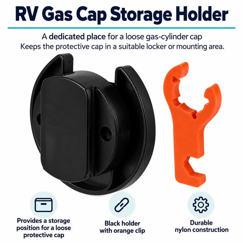 RV Gas Cap Storage Holder - Black Base with Orange Clip — visible product features