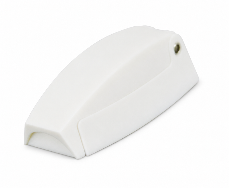 White ABS hatch-door hook with a sloped upper body and visible mounting point; one hook shown