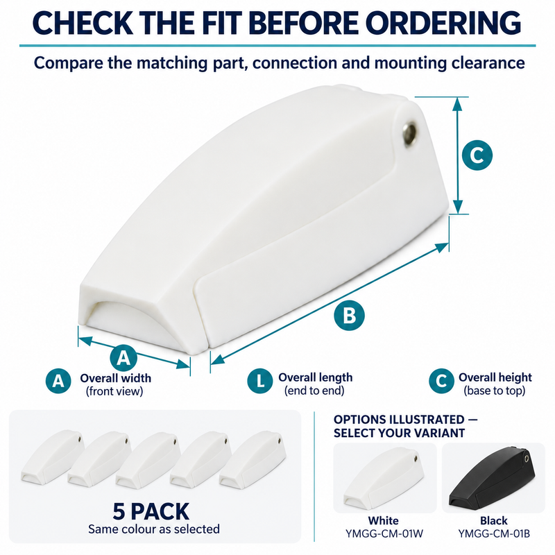 RV Hatch Door Hooks - 5 Pack, White or Black ABS | size or installation fit guide