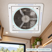 RV Roof Vent Fan with LED - 340 mm Cutout, 12V/24V, 6-Speed Airflow — illustrative use context