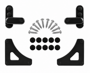 YM-KK-01B black table storage hardware flat lay: two support brackets, two turn catches, screws and screw covers