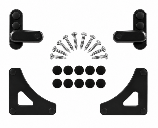 YM-KK-01B black table storage hardware flat lay: two support brackets, two turn catches, screws and screw covers