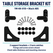 YM-KK-01B table storage kit guide showing two support brackets, two turn catches, fixings and screw covers; check table thickness and mounting clearance