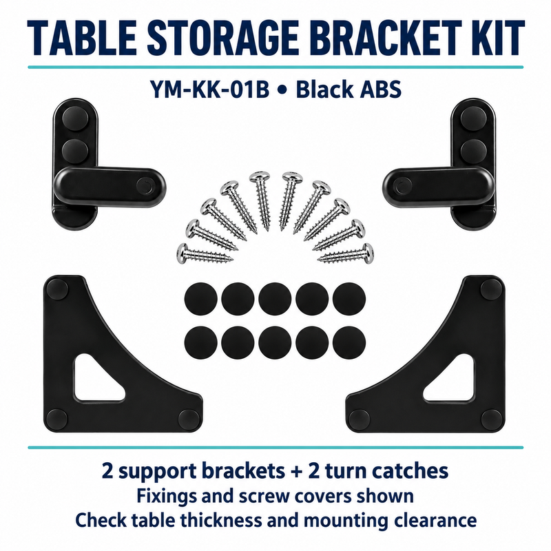 YM-KK-01B table storage kit guide showing two support brackets, two turn catches, fixings and screw covers; check table thickness and mounting clearance
