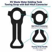RV Waste Water Holding Tank Towing Strap with Ball Hitch Connector — visible product details
