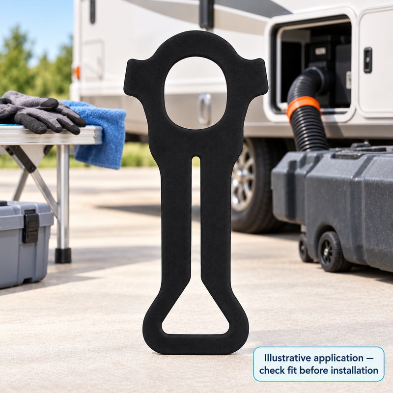 RV Waste Water Holding Tank Towing Strap with Ball Hitch Connector — illustrative use context