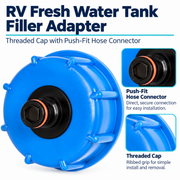RV Fresh Water Tank Filler Adapter - Threaded Cap with Push-Fit Hose Connector — visible product details