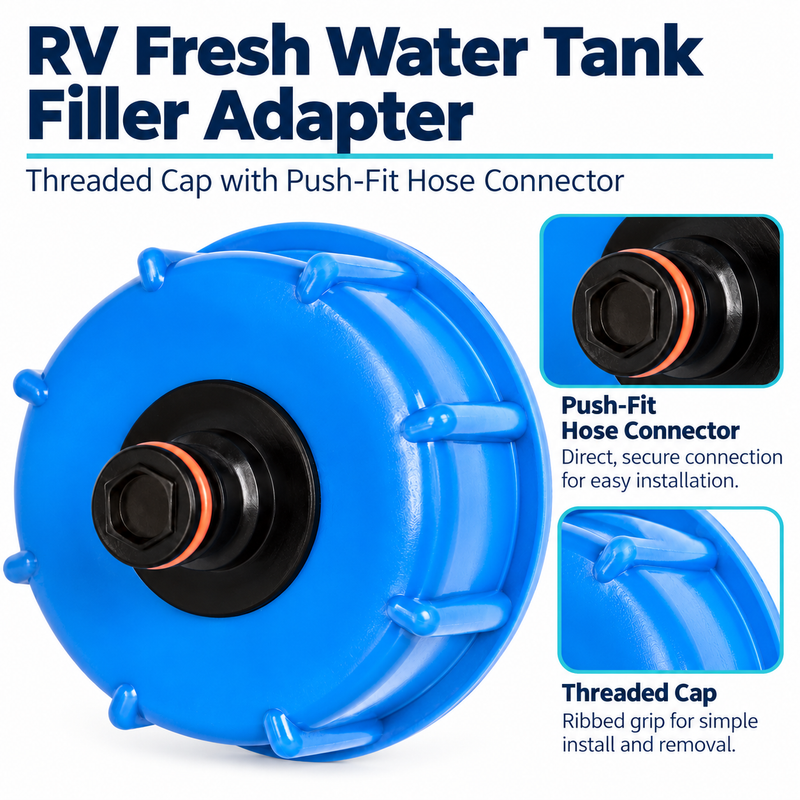 RV Fresh Water Tank Filler Adapter - Threaded Cap with Push-Fit Hose Connector — visible product details