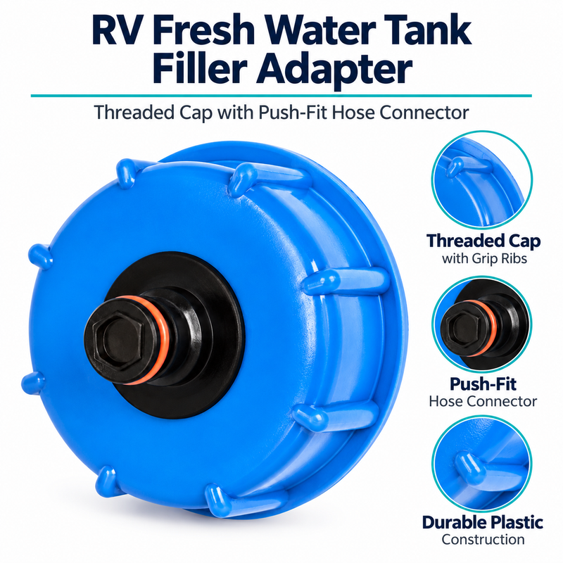RV Fresh Water Tank Filler Adapter - Threaded Cap with Push-Fit Hose Connector — product features