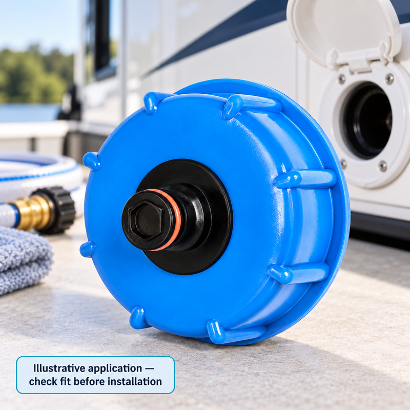 RV Fresh Water Tank Filler Adapter - Threaded Cap with Push-Fit Hose Connector — illustrative use context