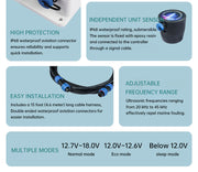 transducer and signal connector details, 20–45 kHz frequency range and voltage-dependent normal, reduced and sleep modes