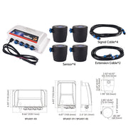 SFUAS1-03 angled package photograph and model-specific controller and transducer dimension drawings in millimetres and inches