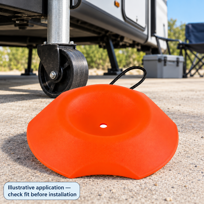 Trailer Tongue Jack Wheel Dock - PP Caster Support Pad for RV & Camper Parking — illustrative use context
