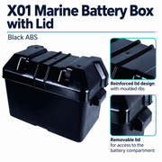 X01 Marine Battery Box with Lid - Black ABS | visible product details