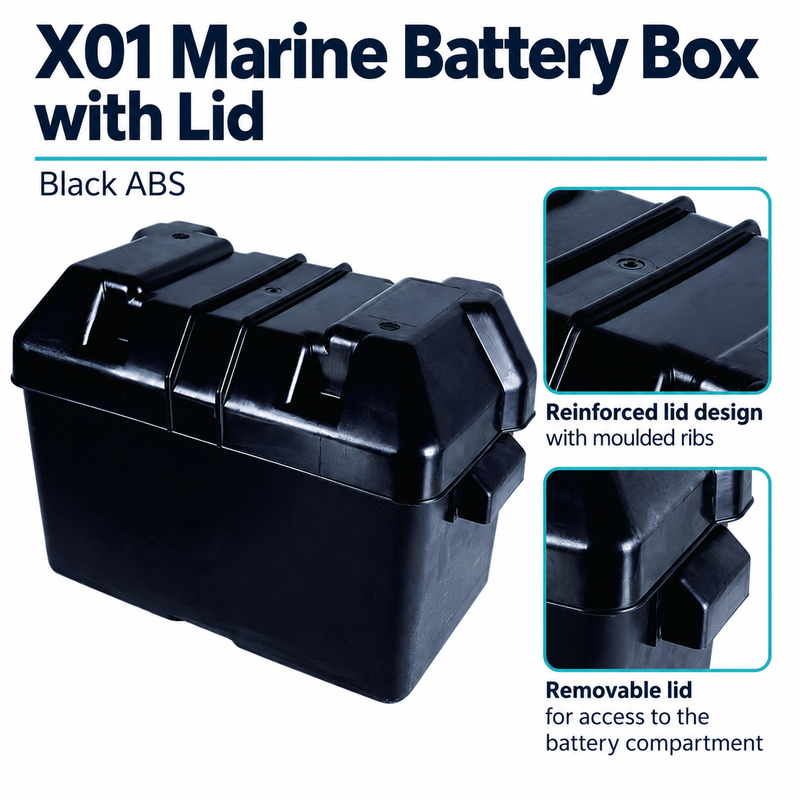 X01 Marine Battery Box with Lid - Black ABS | visible product details